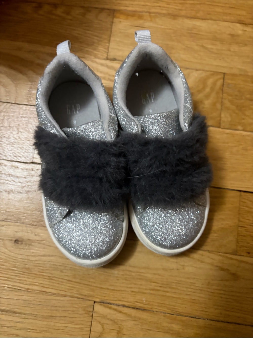 GAP Silver Glitter Sneakers with Dark Gray Faux Fur Strap